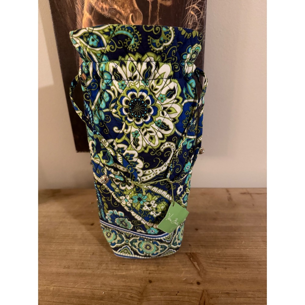 Vera Bradley Quilted Wine Bottle Bag Blue Green Paisley Floral Drawstring New
